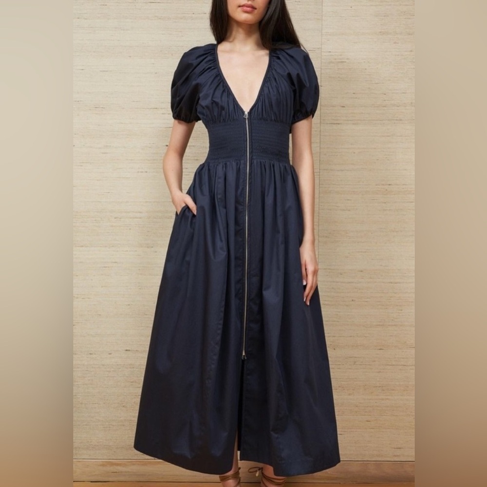 LA Ligne Navy Puff Sleeve Zip-Up Midi Dress XS